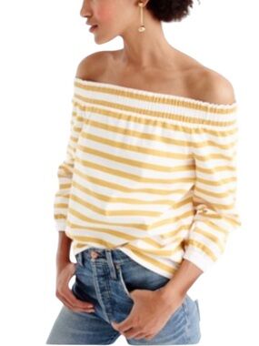 J. Crew Off Shoulder Striped Top XL Yellow White Tie Sleeve Smocked Neck Coastal